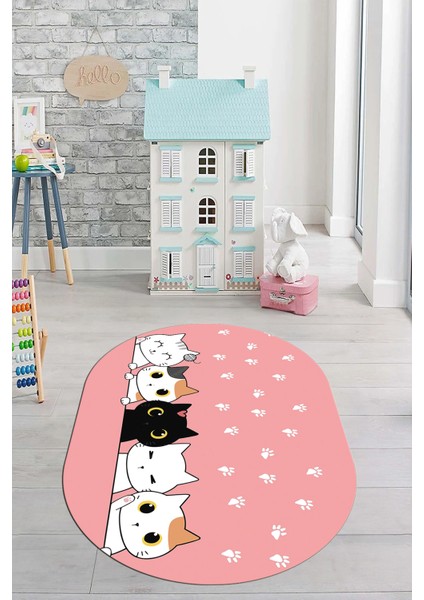 Sevimli Kediler Baskılı Yıkanabilir Kaymaz Oval Çocuk Odası Halısı, O-Çocuk-49-Pembe,