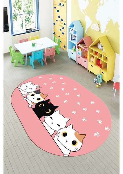Sevimli Kediler Baskılı Yıkanabilir Kaymaz Oval Çocuk Odası Halısı, O-Çocuk-49-Pembe,