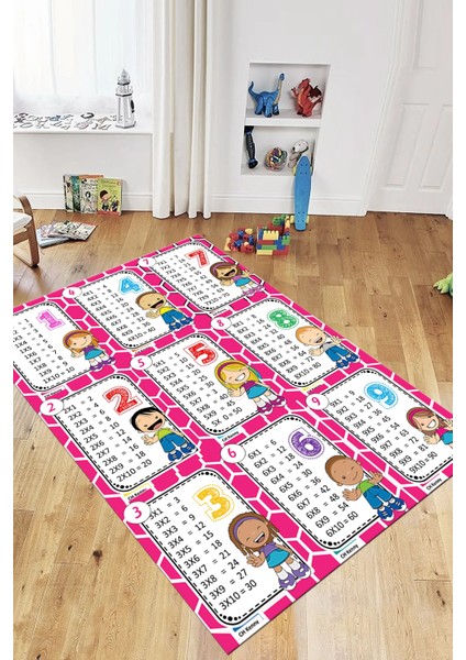 Çarpım Tablosu Temalı Yıkanabilir Eğitici Çocuk Odası Oyun Halısı, Çocuk-45-Pembe,