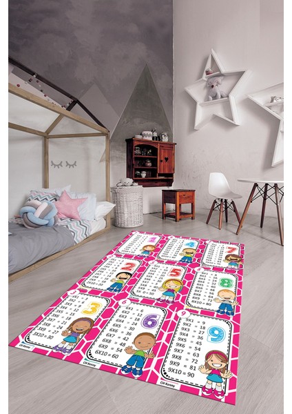 Çarpım Tablosu Temalı Yıkanabilir Eğitici Çocuk Odası Oyun Halısı, Çocuk-45-Pembe,