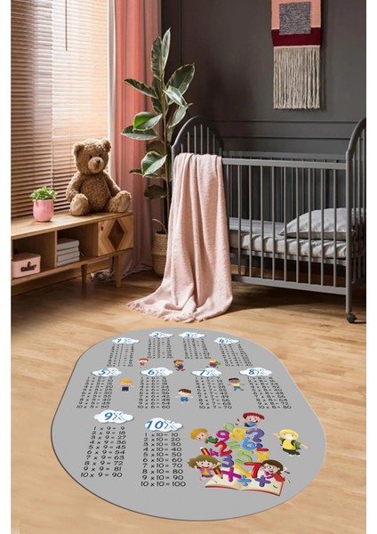 Dijital Kaymaz Yıkanabilir Çarpım Tablosu Desenli Oval Çocuk Odası Halısı, O-Çocuk-05-Gri,