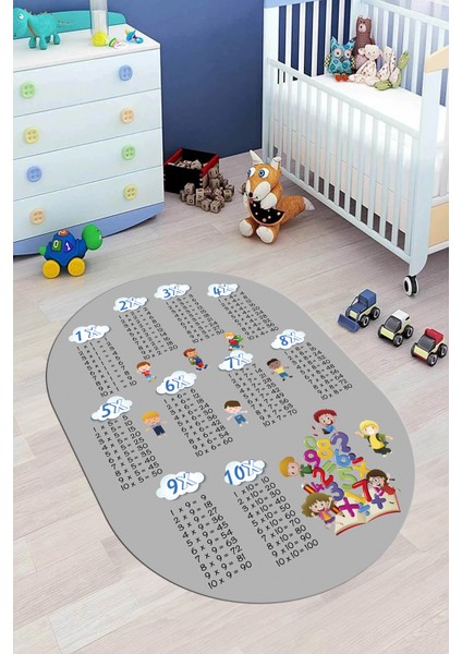 Dijital Kaymaz Yıkanabilir Çarpım Tablosu Desenli Oval Çocuk Odası Halısı, O-Çocuk-05-Gri,