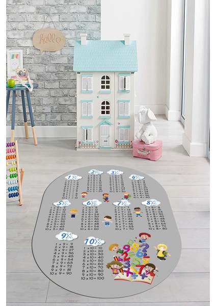 Dijital Kaymaz Yıkanabilir Çarpım Tablosu Desenli Oval Çocuk Odası Halısı, O-Çocuk-05-Gri,