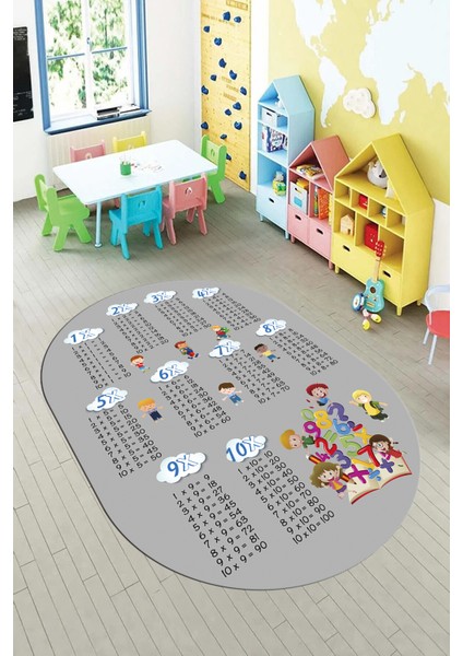Dijital Kaymaz Yıkanabilir Çarpım Tablosu Desenli Oval Çocuk Odası Halısı, O-Çocuk-05-Gri,