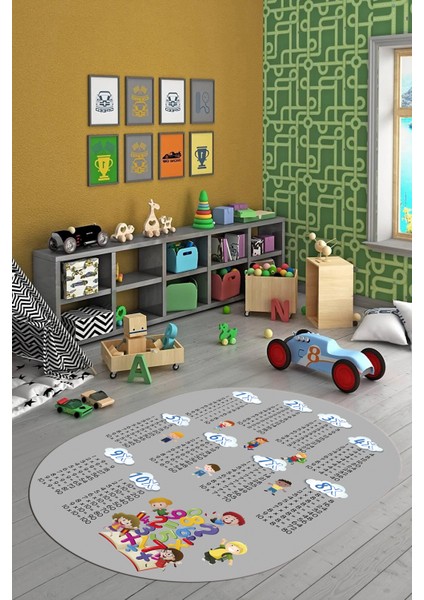 Dijital Kaymaz Yıkanabilir Çarpım Tablosu Desenli Oval Çocuk Odası Halısı, O-Çocuk-05-Gri,