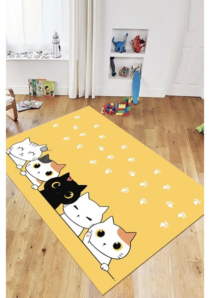 Sevimli Kediler Baskılı Yıkanabilir Kaymaz Çocuk Odası Halısı, Çocuk-49-Sarı,