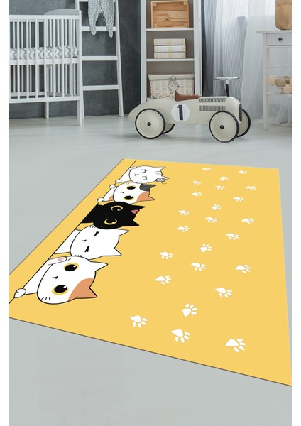Sevimli Kediler Baskılı Yıkanabilir Kaymaz Çocuk Odası Halısı, Çocuk-49-Sarı, fiyatları