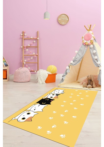 Sevimli Kediler Baskılı Yıkanabilir Kaymaz Çocuk Odası Halısı, Çocuk-49-Sarı, modelleri