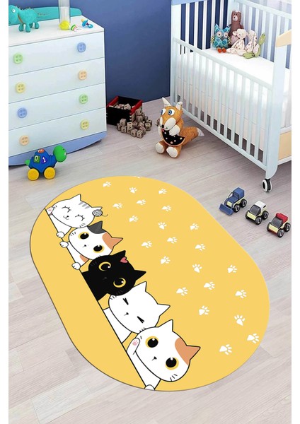 Sevimli Kediler Baskılı Yıkanabilir Kaymaz Oval Çocuk Odası Halısı, O-Çocuk-49-Sarı, modelleri