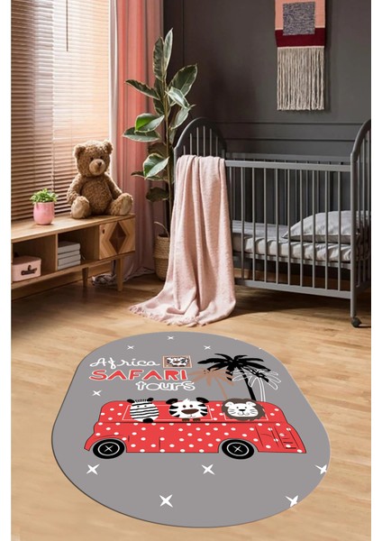 Dijital Baskılı Kaymaz Yıkanabilir Otobüs Safari Desen Oval Çocuk Odası Halısı, O-Çocuk-01-Kırmızı,