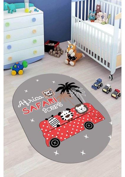 Dijital Baskılı Kaymaz Yıkanabilir Otobüs Safari Desen Oval Çocuk Odası Halısı, O-Çocuk-01-Kırmızı, fiyatları