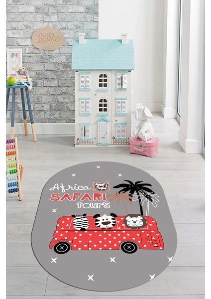 Dijital Baskılı Kaymaz Yıkanabilir Otobüs Safari Desen Oval Çocuk Odası Halısı, O-Çocuk-01-Kırmızı, modelleri