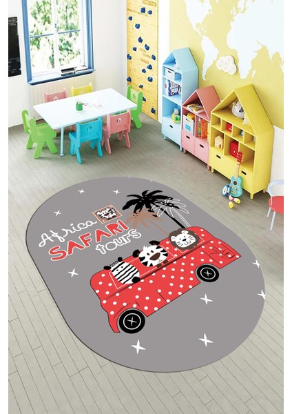 Dijital Baskılı Kaymaz Yıkanabilir Otobüs Safari Desen Oval Çocuk Odası Halısı, O-Çocuk-01-Kırmızı, fırsatları