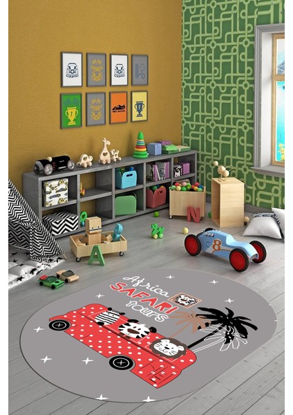 Dijital Baskılı Kaymaz Yıkanabilir Otobüs Safari Desen Oval Çocuk Odası Halısı, O-Çocuk-01-Kırmızı, indirimleri