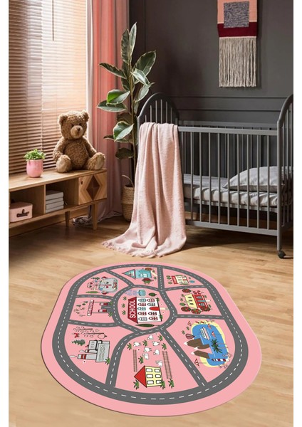 Dijital Baskılı Kaymaz Yıkanabilir Trafik Araba Yollu Oval Çocuk Odası Halısı, O-Çocuk-02-Pembe,