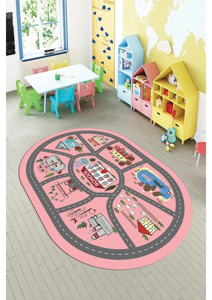 Dijital Baskılı Kaymaz Yıkanabilir Trafik Araba Yollu Oval Çocuk Odası Halısı, O-Çocuk-02-Pembe, fırsatları