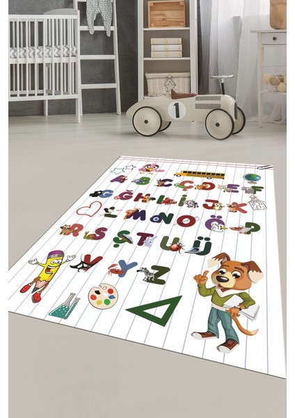 Dijital Baskılı Kaymaz Yıkanabilir Alfabe Eğitici Çocuk Odası Oyun Halısı, Çocuk-33-Beyaz, fırsatları