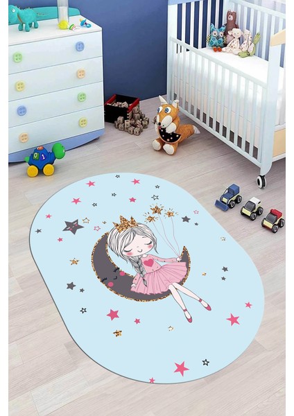 Kaymaz Taban Yıkanabilir Ayda Oturan Prenses Desenli Oval Çocuk Odası Halısı, O-Çocuk-13-Mavi,