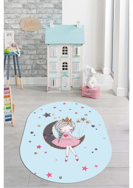 Kaymaz Taban Yıkanabilir Ayda Oturan Prenses Desenli Oval Çocuk Odası Halısı, O-Çocuk-13-Mavi, fiyatları