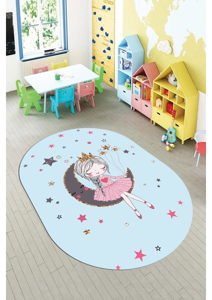 Kaymaz Taban Yıkanabilir Ayda Oturan Prenses Desenli Oval Çocuk Odası Halısı, O-Çocuk-13-Mavi, modelleri