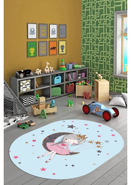 Kaymaz Taban Yıkanabilir Ayda Oturan Prenses Desenli Oval Çocuk Odası Halısı, O-Çocuk-13-Mavi, fırsatları