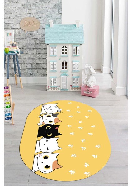 Sevimli Kediler Baskılı Yıkanabilir Kaymaz Oval Çocuk Odası Halısı, O-Çocuk-49-Sarı, fırsatları