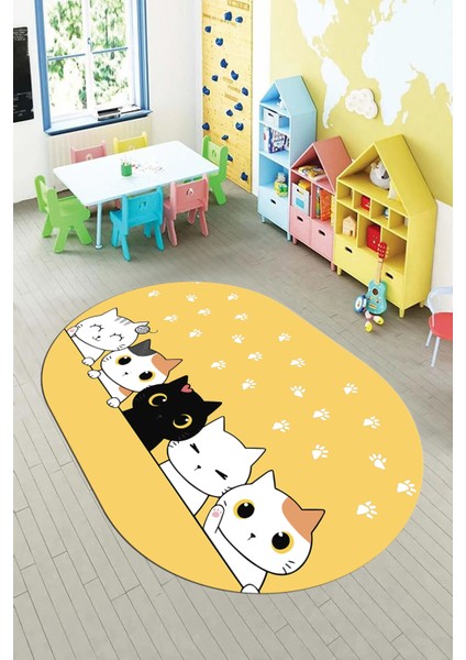 Sevimli Kediler Baskılı Yıkanabilir Kaymaz Oval Çocuk Odası Halısı, O-Çocuk-49-Sarı, indirimleri