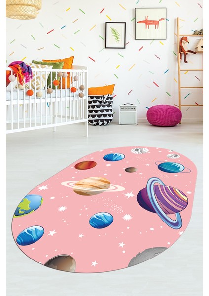 Dijital Baskılı Kaymaz Yıkanabilir Uzay Temalı Oval Çocuk Odası Halısı, O-Çocuk-38-Pembe,