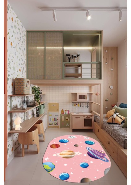 Dijital Baskılı Kaymaz Yıkanabilir Uzay Temalı Oval Çocuk Odası Halısı, O-Çocuk-38-Pembe, fiyatları