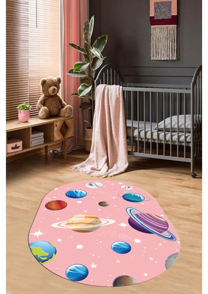 Dijital Baskılı Kaymaz Yıkanabilir Uzay Temalı Oval Çocuk Odası Halısı, O-Çocuk-38-Pembe, modelleri
