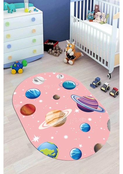 Dijital Baskılı Kaymaz Yıkanabilir Uzay Temalı Oval Çocuk Odası Halısı, O-Çocuk-38-Pembe, fırsatları