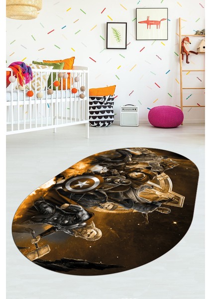 Dijital Baskılı Kaymaz Yıkanabilir Çizgifilm Temalı Oval Çocuk Odası Halısı, O-Çocuk-39-Kahve,
