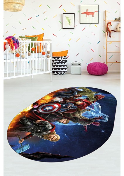 Dijital Baskılı Kaymaz Yıkanabilir Çizgifilm Temalı Oval Çocuk Odası Halısı, O-Çocuk-39-Renkli,
