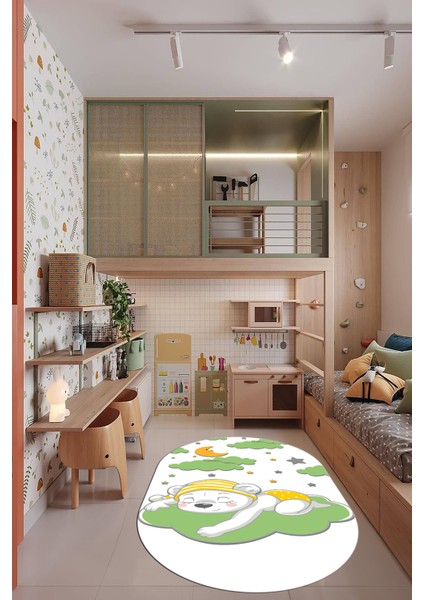 Dijital Baskılı Kaymaz Yıkanabilir Sevimli Ayıcık Desen Oval Çocuk Odası Halısı, O-Çocuk-34-Yeşil, modelleri