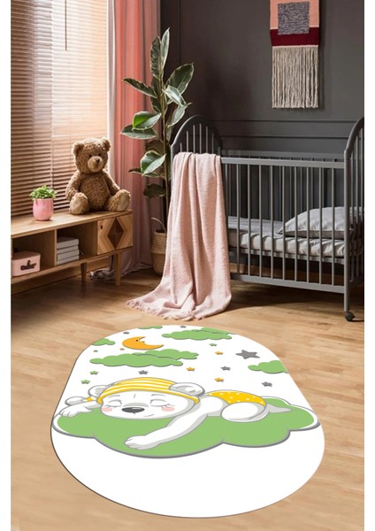 Dijital Baskılı Kaymaz Yıkanabilir Sevimli Ayıcık Desen Oval Çocuk Odası Halısı, O-Çocuk-34-Yeşil, fırsatları