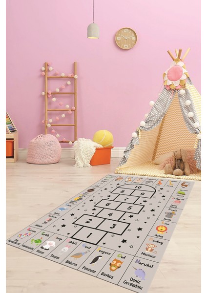Sek Sek Desen Ingilizce Öğretici Eğitici Çocuk Odası Oyun Halısı, Çocuk-36-Gri, indirimleri