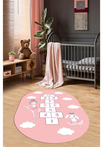 Dijital Baskılı Kaymaz Yıkanabilir Seksekli Bulutlu Oval Çocuk Odası Halısı, O-Çocuk-04-Pembe,
