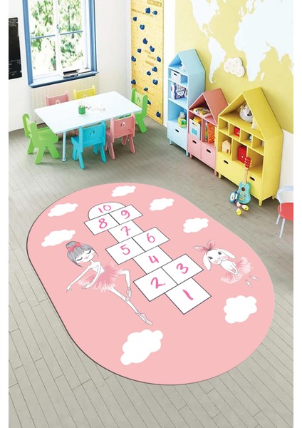 Dijital Baskılı Kaymaz Yıkanabilir Seksekli Bulutlu Oval Çocuk Odası Halısı, O-Çocuk-04-Pembe, fırsatları