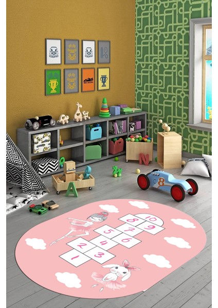 Dijital Baskılı Kaymaz Yıkanabilir Seksekli Bulutlu Oval Çocuk Odası Halısı, O-Çocuk-04-Pembe, indirimleri