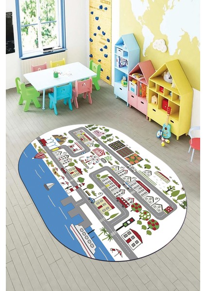Kaymaz Taban Yıkanabilir Trafik Eğitici Oval Çocuk Odası Oyun Halısı, O-Çocuk-07-Beyaz, fırsatları