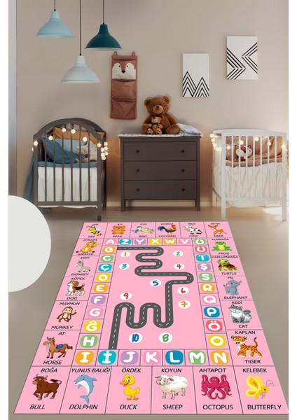Ingilizce Harf ve Hayvan Temalı Eğitici Çocuk Odası Oyun Halısı, Çocuk-44-Pembe,
