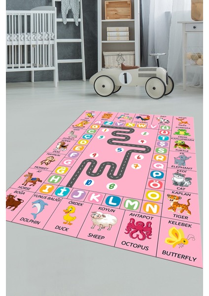 Ingilizce Harf ve Hayvan Temalı Eğitici Çocuk Odası Oyun Halısı, Çocuk-44-Pembe, modelleri