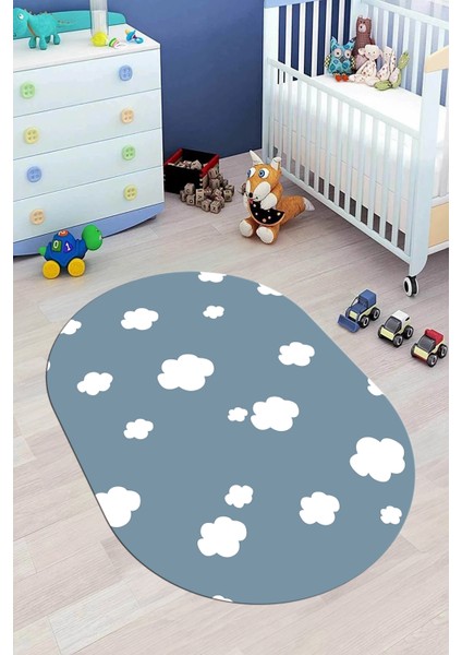 Dijital Baskılı Kaymaz Yıkanabilir Bulut Desenli Oval Çocuk Odası Halısı, O-Çocuk-08-Mavi,
