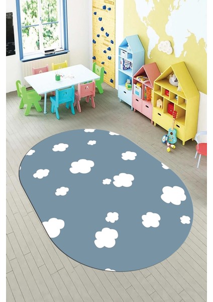 Dijital Baskılı Kaymaz Yıkanabilir Bulut Desenli Oval Çocuk Odası Halısı, O-Çocuk-08-Mavi, modelleri