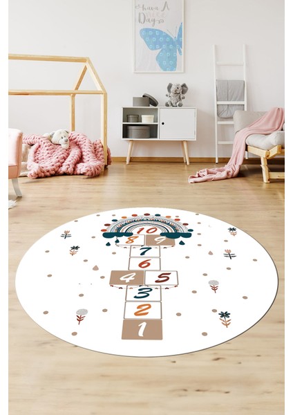 Dijital Kaymaz Yıkanabilir Sek Sek Eğlendirici Yuvarlak Çocuk Odası Halısı, Y-Çocuk-30-Beyaz,