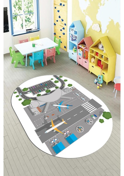Havalimanı Uçak Temalı Eğitici Eğkendirici Oval Çocuk Odası Oyun Halısı, O-Çocuk-50-Beyaz,