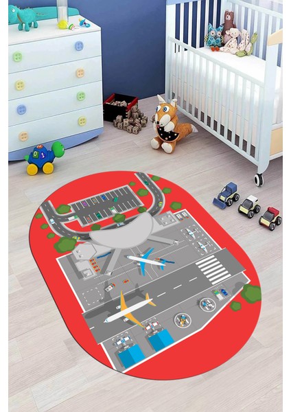 Havalimanı Uçak Temalı Eğitici Eğkendirici Oval Çocuk Odası Oyun Halısı, O-Çocuk-50-Kırmızı, modelleri