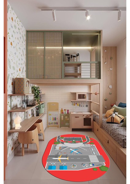 Havalimanı Uçak Temalı Eğitici Eğkendirici Oval Çocuk Odası Oyun Halısı, O-Çocuk-50-Kırmızı,