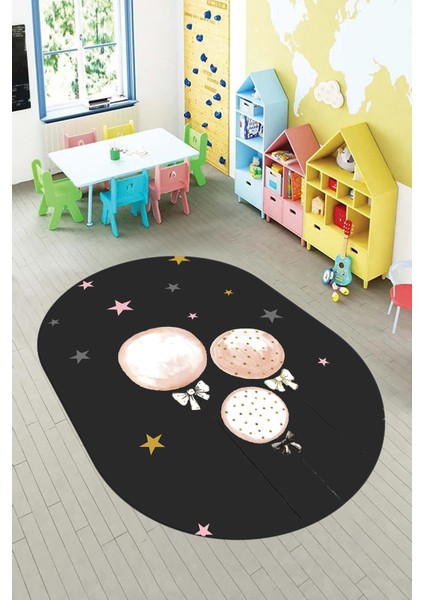 Dijital Baskılı Kaymaz Yıkanabilir Balon Yıldız Desenli Oval Çocuk Odası Halısı, O-Çocuk-24-Antrasit,