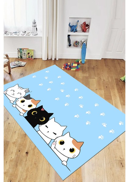 Sevimli Kediler Baskılı Yıkanabilir Kaymaz Çocuk Odası Halısı, Çocuk-49-Mavi,